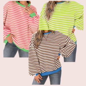 UEU Women Oversized Striped Crewneck Sweatshirt Long Sleeve Color Block Pullover Tops Casual Loose Workout Shirt