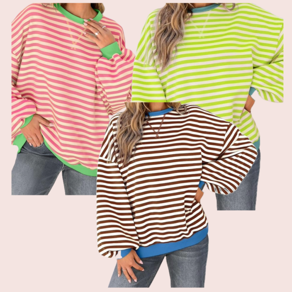 UEU Women Oversized Striped Crewneck Sweatshirt Long Sleeve Color Block Pullover Tops Casual Loose Workout Shirt