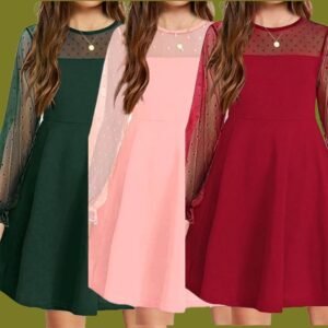 Arshiner Girl's Contrast Mesh Puff Long Sleeve High Waist A Line Short Dress with Pockets for 6-13 Years