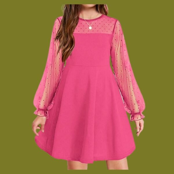 Arshiner Girl's Contrast Mesh Puff Long Sleeve High Waist A Line Short Dress with Pockets for 6-13 Years - Image 3