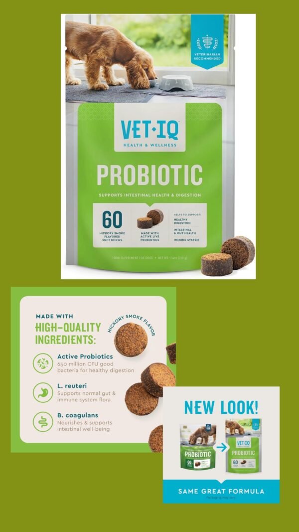 VetIQ Probiotic Supplement for Dogs, Digestive Support for Dogs, Nourishes Gut Bacteria and Supports Bowel Function, Hickory Smoke Flavor, Made in The USA, 60 Count