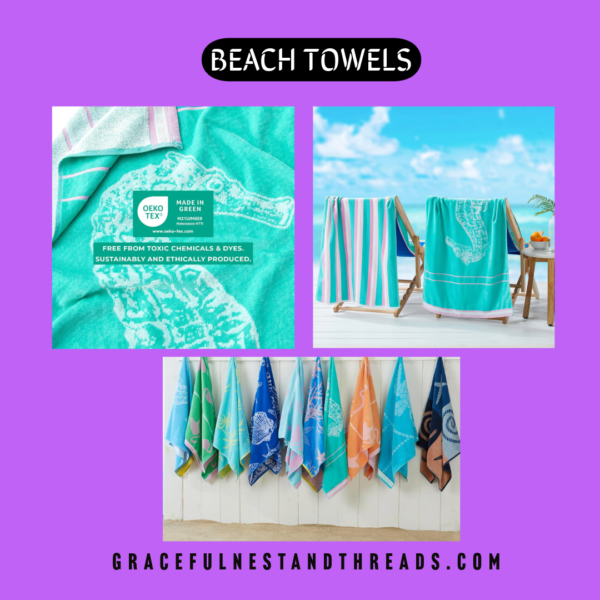 Great Bay Home 100% Cotton Beach Towels | 2 Pack of 30 x 60" Green Pink Pool Towels for Adults and Kids | Absorbent & Quick Dry Towels (Seahorse Green/Pink)